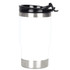 A drink bottle in white and stainless steel, featuring a black lid with a spout and a logo.