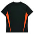 A black t-shirt with orange side panels and a logo on the back. Suitable for kids’ wear.