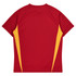 A red t-shirt with yellow side panels and a simple design, featuring a logo on the back.