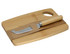A bamboo cheese board with a stainless steel knife, featuring a wooden handle, secured with a paper band.