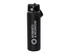 A drink bottle in black with a silver cap and a handle, featuring a logo on the side.
