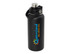 A drink bottle with a sleek black design and a metal cap, featuring a logo and colourful text.
