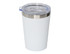 A drink bottle in white with a stainless steel rim and clear lid, featuring a logo.