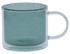 A double wall mug in a translucent green hue with a clear handle, featuring a sleek design and a branding logo.