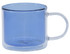 A blue double wall mug made of glass, featuring a transparent handle and a sleek design.
