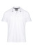 A white polo shirt with a collar and short sleeves featuring a branding logo.
