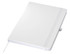 A white A5 notebook with a textured cover, an elastic band, and a ribbon marker, featuring a logo.