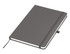 A grey A5 notebook with a textured cover, elastic band closure, and a ribbon bookmark. It has a logo on the front.