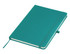 A teal A5 notebook with a ribbon bookmark, elastic band closure, and a smooth cover. It features a logo.