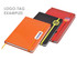 Three A5 notebooks in orange, black, and red, each featuring a logo tag and an elastic band closure.