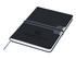A black A5 notebook with an elastic band and branding, featuring a sleek design and a side pocket.
