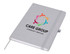 A grey A5 notebook with an elastic band closure and a logo on the front, featuring colourful graphic elements.