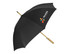 A black RPET umbrella with a wooden handle and a logo on the canopy, ideal for leisure and outdoor activities.