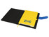 A yellow notebook with a logo inside a black portfolio, featuring a blue elastic band and bookmark.