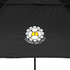 A black vented golf umbrella featuring a logo with a gear design.