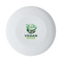 A white coupe dinner plate featuring a design related to vegan food and a logo.