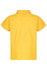 A yellow polo shirt for kids featuring a collar and short sleeves, with a branding logo on the back.