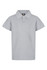 A grey polo shirt featuring short sleeves and a collar, with a three-button placket and a brand logo.
