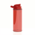 A drink bottle in transparent red with a red lid and a flip-top spout. Features a logo on the side.