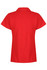 A red polo shirt with a collar and short sleeves, featuring a logo on the back.