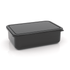 A small black lunch box with a rectangular shape and a matching lid, featuring a simple design and a logo.