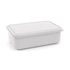 A small white lunch box with a flat, rectangular design and a lid, featuring a simple logo.