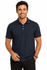 A navy polo shirt for men featuring a collar, buttons, and a logo on the chest.