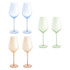 A set of two wine glasses in blue, green, and peach colours, presented in a gift box.