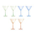 A set of two glamour martini glasses in peach, alongside two blue and two green glasses, all gift boxed.