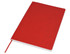 A red A5 notebook with a plain cover and a ribbon bookmark, featuring branding on the front.