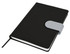 A black notebook with a grey clasp, featuring a ribbon bookmark and a sleek design, ideal for office use.
