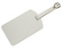 A white luggage tag with a buckle strap, featuring a smooth surface and an attached metal buckle.