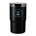 A drink bottle featuring a black exterior with a transparent lid, and a logo on the front.