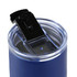 A drink bottle with a navy blue exterior and a clear lid featuring a black flip top. It has a logo on the side.