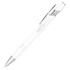A white ballpoint pen with a silver clip and accents, featuring a logo. Ideal for writing and promotional use.