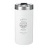 A drink bottle in white featuring a silver lid, with a logo and text design for "Happy Hour."