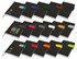 A collection of black A5 notebooks featuring various coloured bands and logos on the covers.