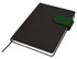 A black A5 notebook with a green elastic band closure and a ribbon bookmark. It has a branded logo on the cover.