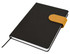 A black A5 notebook with a yellow elastic closure and a ribbon bookmark, featuring a logo on the cover.