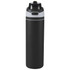 A drink bottle in black with grey accents, featuring a flip straw lid and a logo.