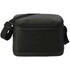 A black insulated lunch bag with a zip closure and adjustable strap, featuring a logo on the side.