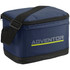 A navy blue insulated cooler bag with a strap and a logo. It features a rectangular shape and a black base.