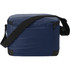 A navy blue insulated lunch bag with a shoulder strap and a zippered top, featuring a logo on one side.
