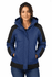 A navy and black women's jacket with a hood, featuring a logo and side pockets.