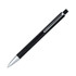 A black ballpoint pen with a click action mechanism and a silver tip, featuring a simple design and a clip.