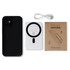 A white magnetic power bank with a phone stand, accompanied by a black phone and a charging cable.