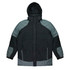 A black and grey men’s jacket with a hood and zippered pockets. It features a logo on the front.
