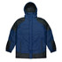 A navy blue and black men's jacket with a hood, featuring a zip and button closure. It has a logo on it.