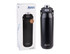 A drink bottle with a black finish and a quick release lid, presented alongside its packaging. It features a logo.