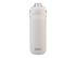 A drink bottle in matte white with a quick release lid and a logo on the front.